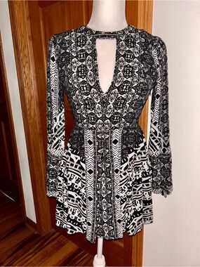 Free People Black and White Printed Long Sleeve Dress
